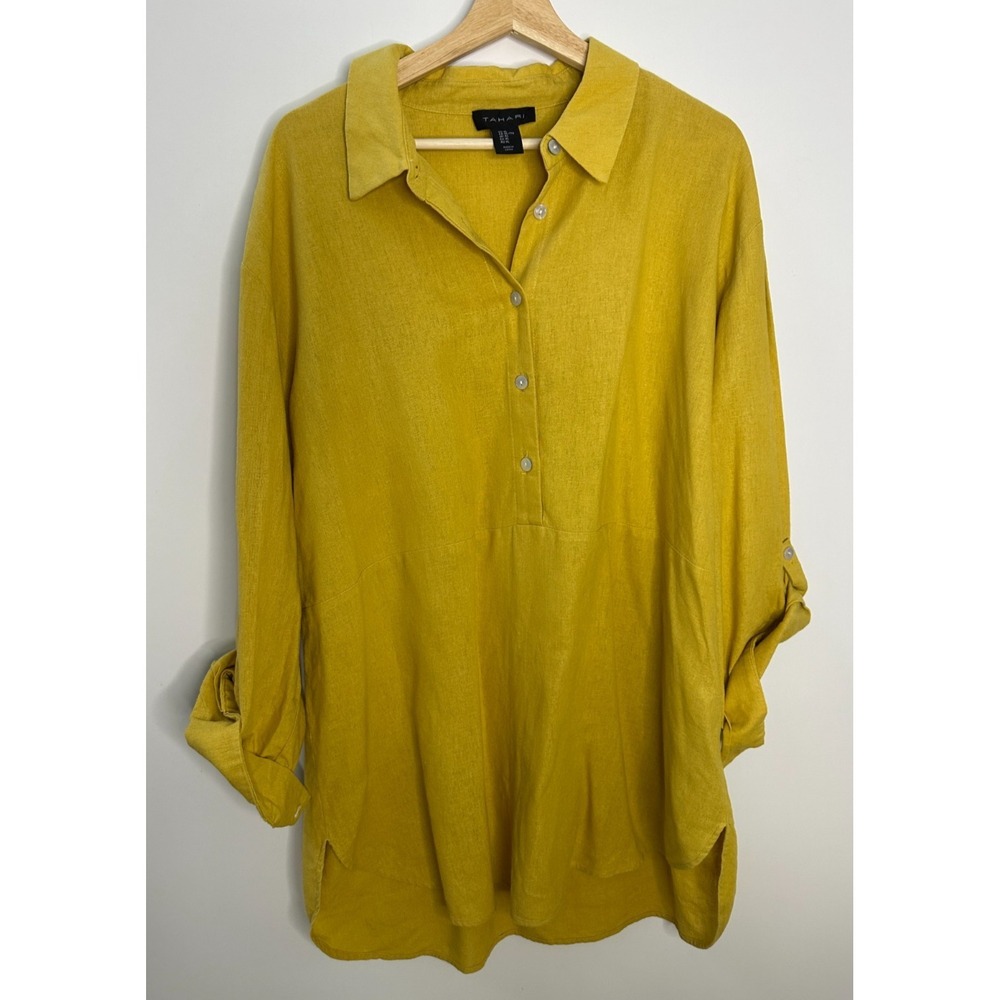 Tahari Mustard Yellow Linen Blend Roll Tab Sleeve Tunic Popover Blouse Womens XL - Picture 12 of 12